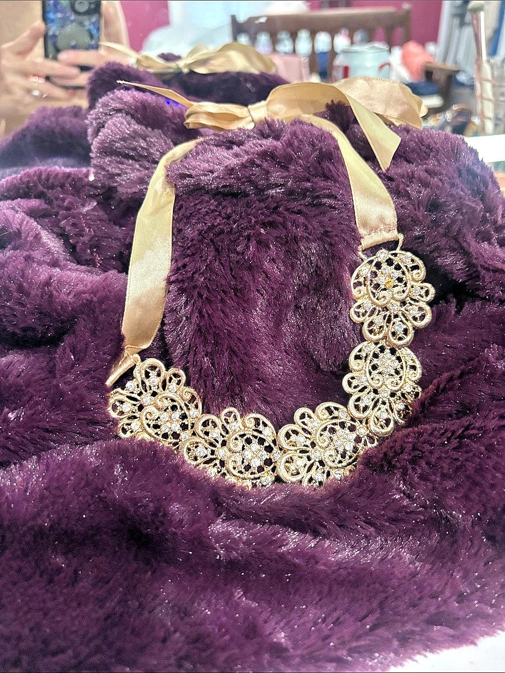 Filigree Ribbon Necklace in Gold & Purple